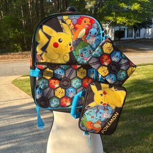 Pokemon Kids Backpack Set - Black and Blue   3 bags + keychain